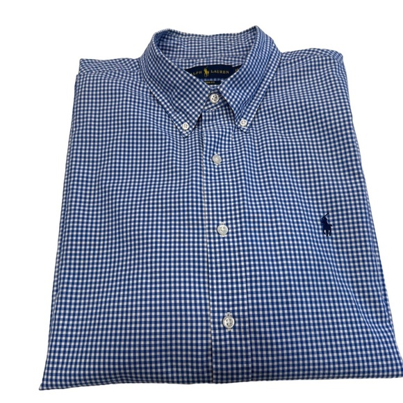 Ralph Lauren Custom-Fit Men’s Gingham Button Down Shirt Blue / White Sz 17.5 - Picture 1 of 9